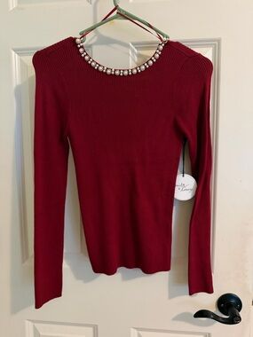 Pearl-Trim Ribbed Long-Sleeve Top - Wine Red